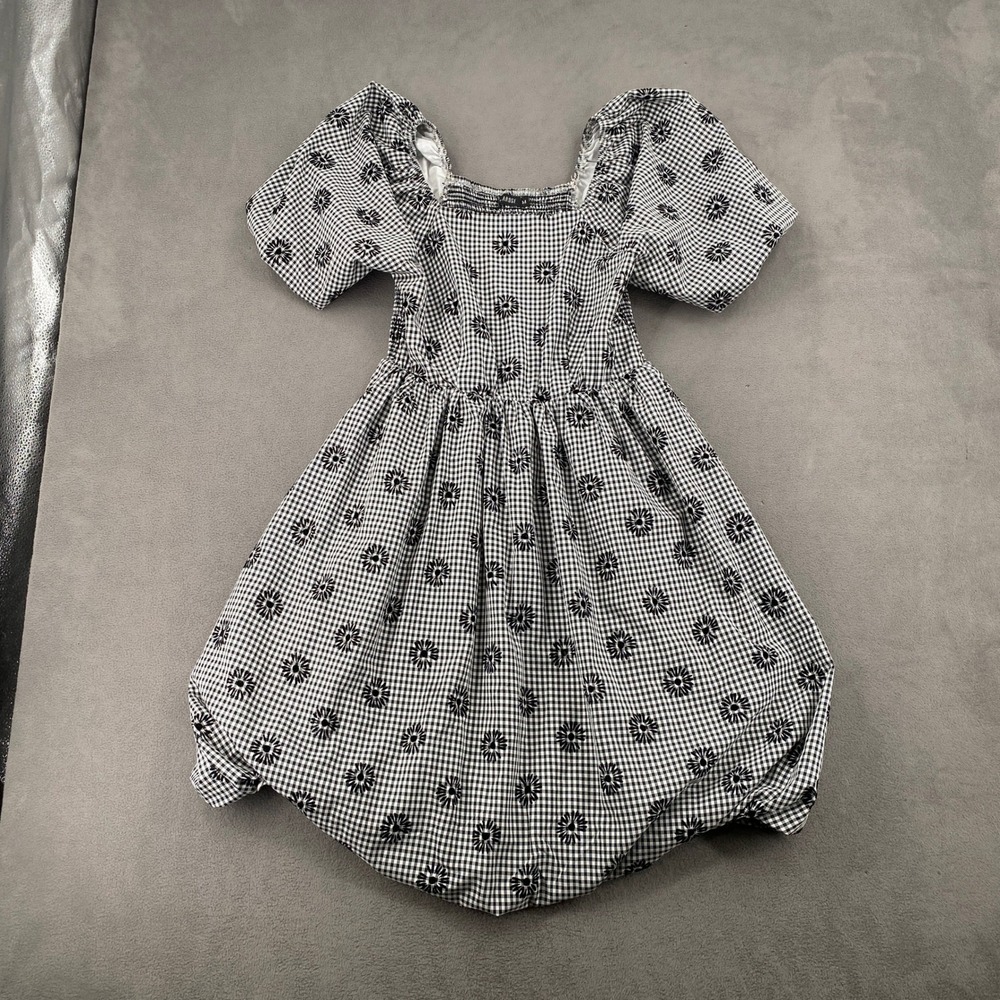 Mikarose Gingham Floral Smocked Bubble Hem Dress Black White Puff Sleeve Medium